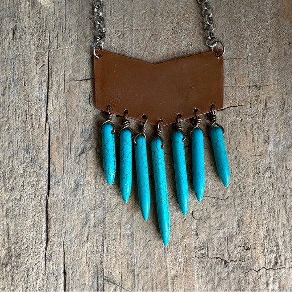 Turquoise Spike Copper Chevron Necklace Handmade Boho Chic - Picture 2 of 5
